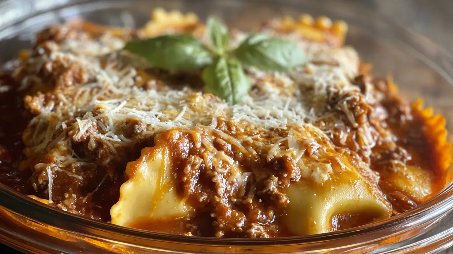 A slow cooker filled with Crockpot Ravioli Lasagna, rich with sauce and cheese