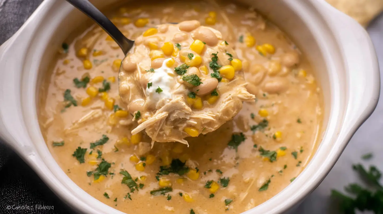 White chicken chili cooked in a slow cooker, ready to serve