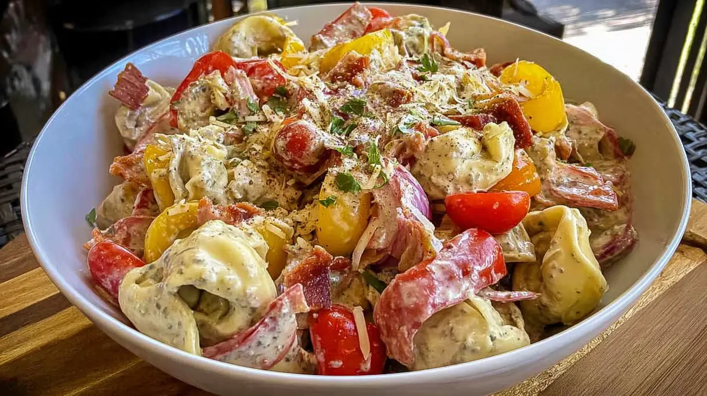 Colorful grinder tortellini mixed with fresh ingredients.