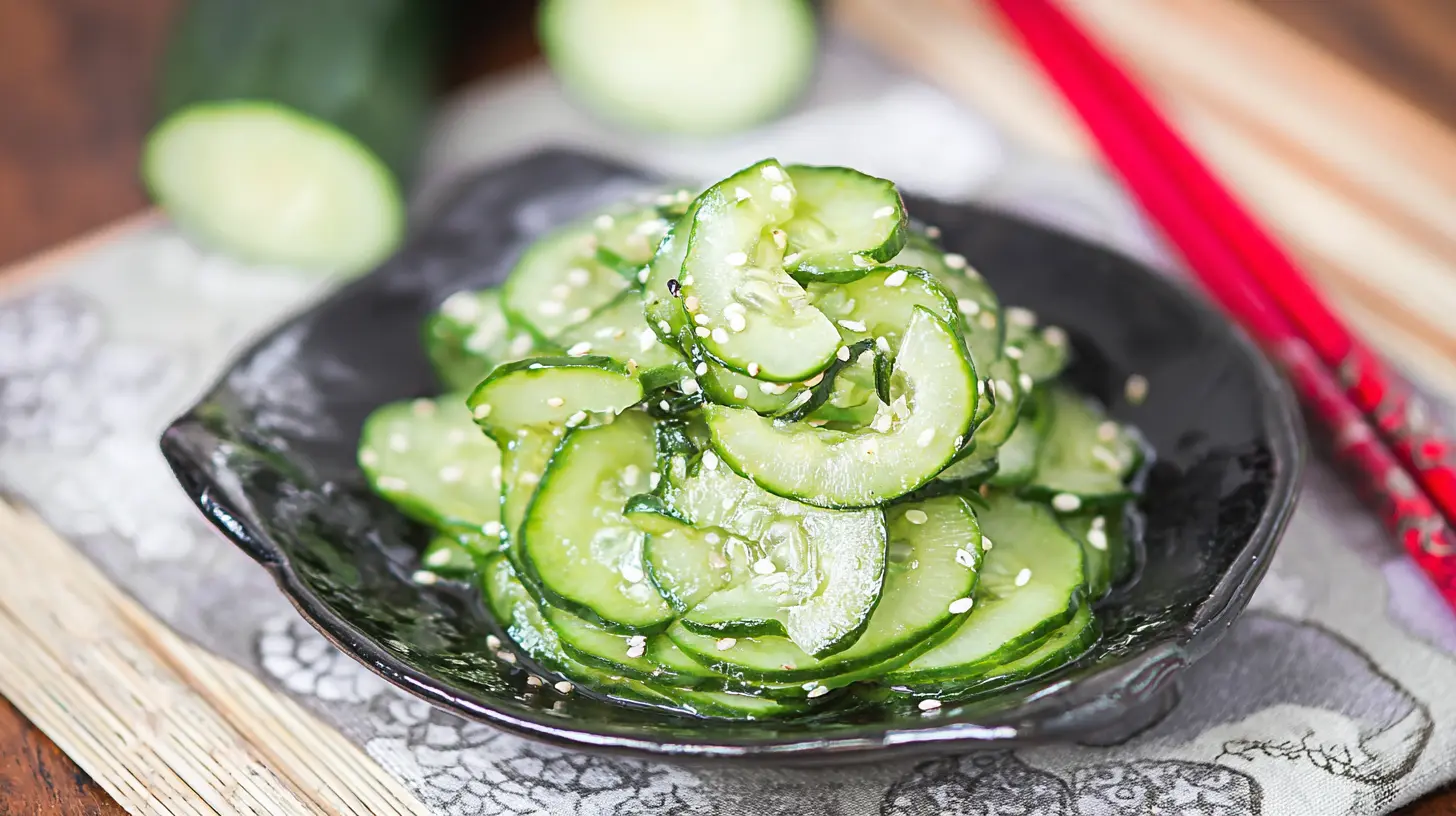 Close-up of a vibrant Sunomono (Japanese cucumber salad) with sesame seeds.