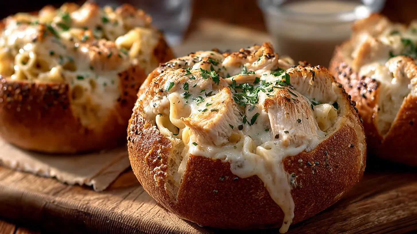 Hearty chicken alfredo in toasted garlic bread bowls