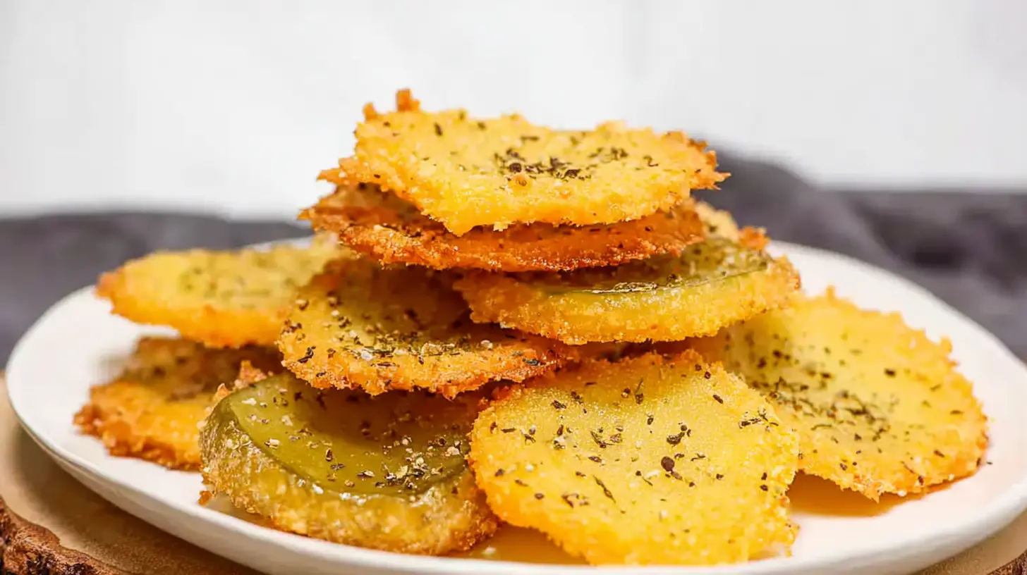 A close-up of crispy pickle cheese bites, perfectly fried