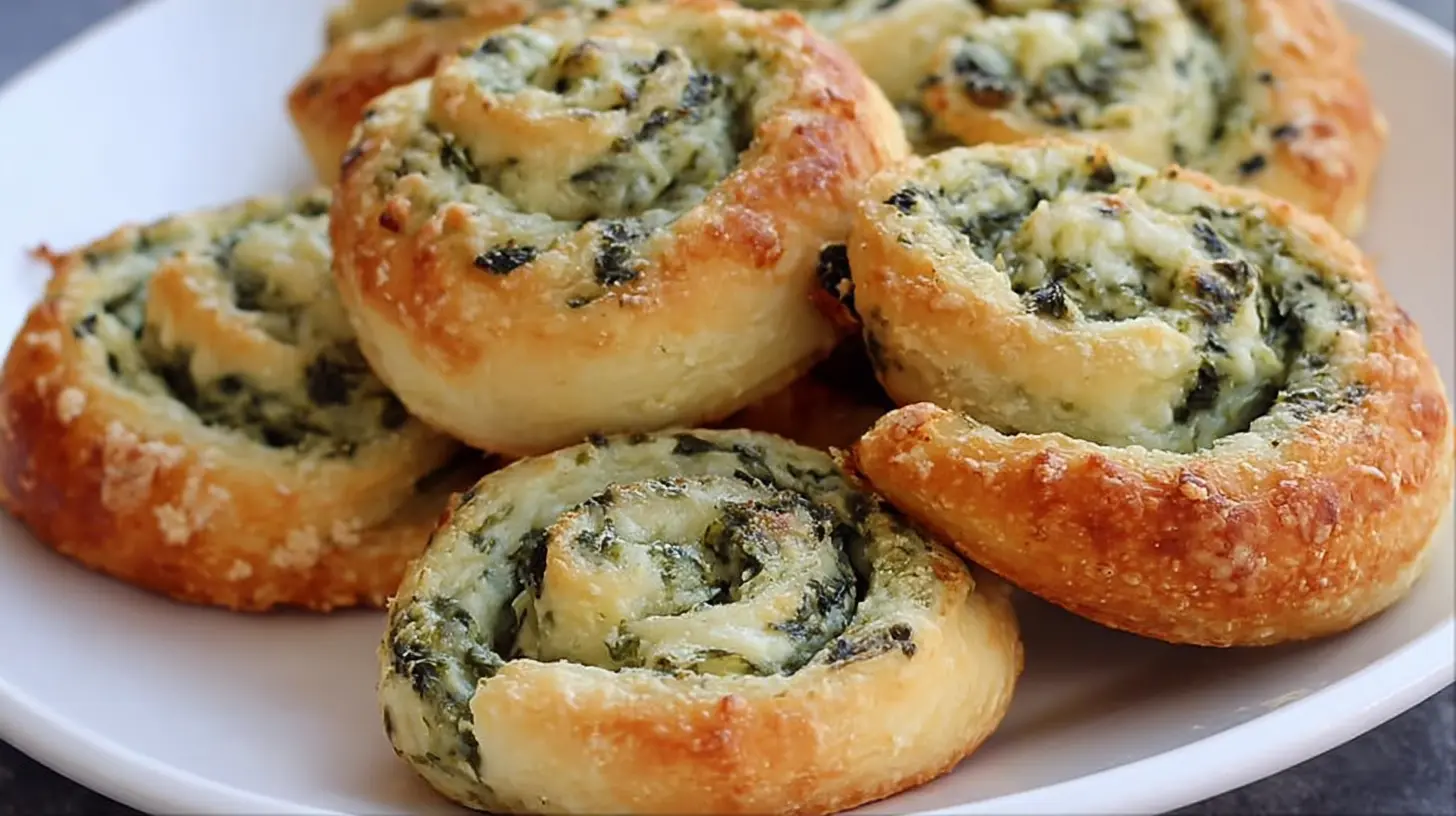 Close-up of flaky spinach dip pinwheels with a hint of golden-brown crust.