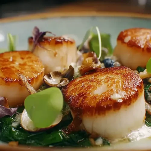 Gordon Ramsay pan seared scallops on a white plate with garnish, perfectly cooked.