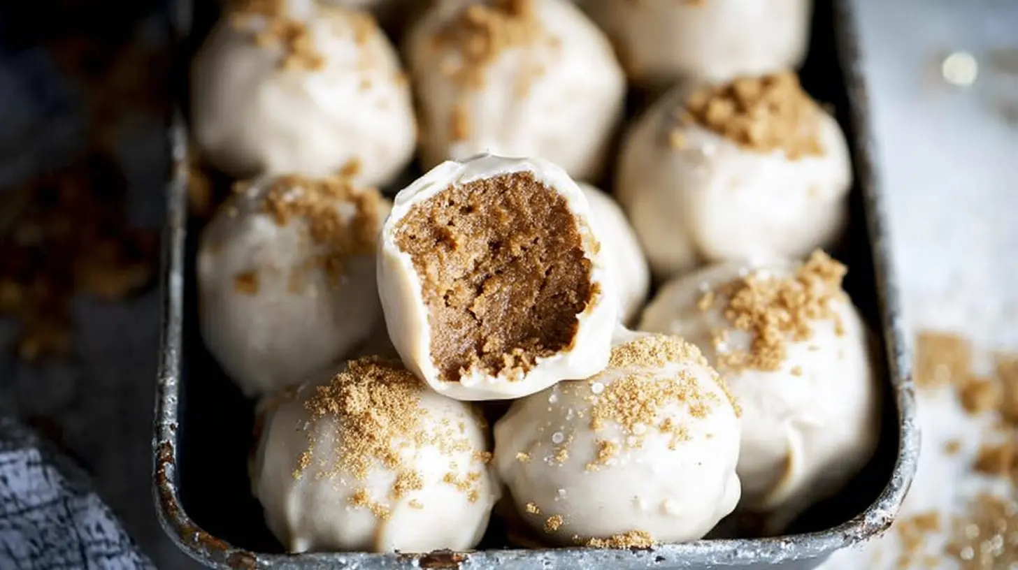 Several homemade gingerbread truffles arranged artfully on a serving dish.