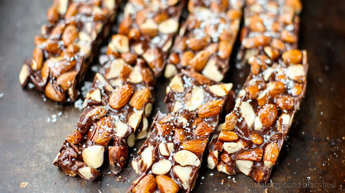 Several dark chocolate and sea salt nut bars arranged on a platter, ready for serving.