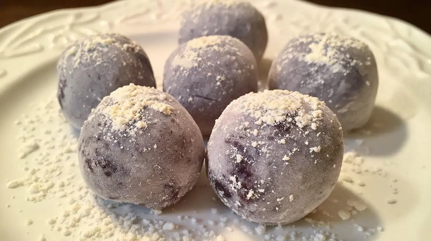 Several gourmet white chocolate blueberry truffles with a dusting of powdered sugar on a dark background.
