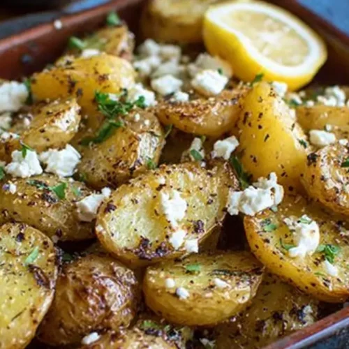 Close-up of Greek roast potatoes with lemon and crumbled feta cheese