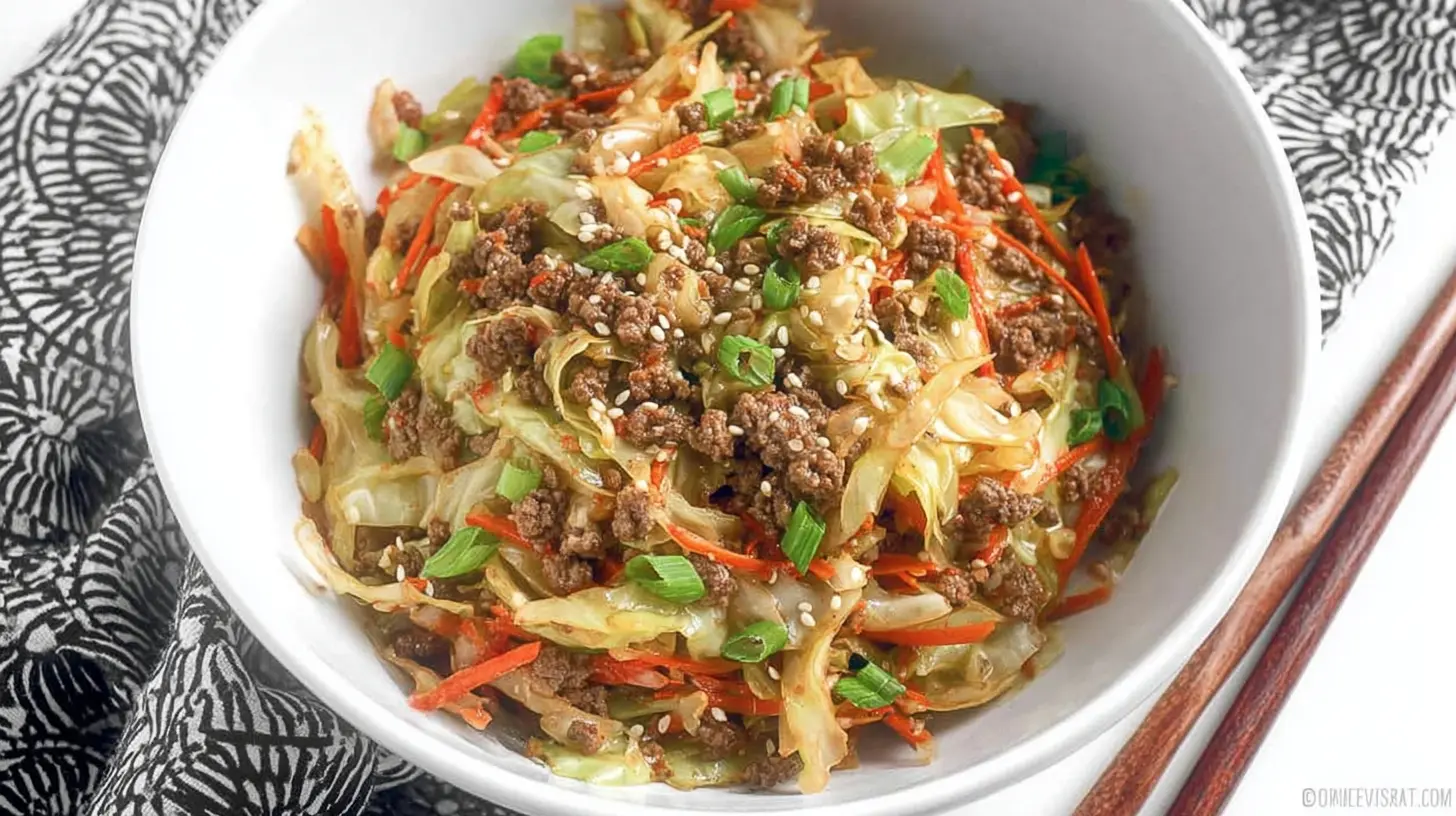 Close-up of a steaming ground beef and cabbage stir-fry in a wok