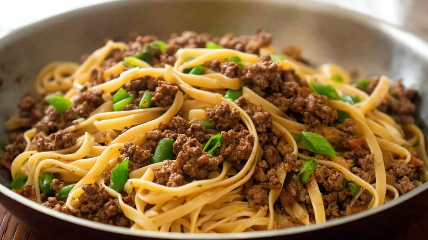 Delicious Mongolian ground beef noodles ready to be served, garnished with fresh scallions.