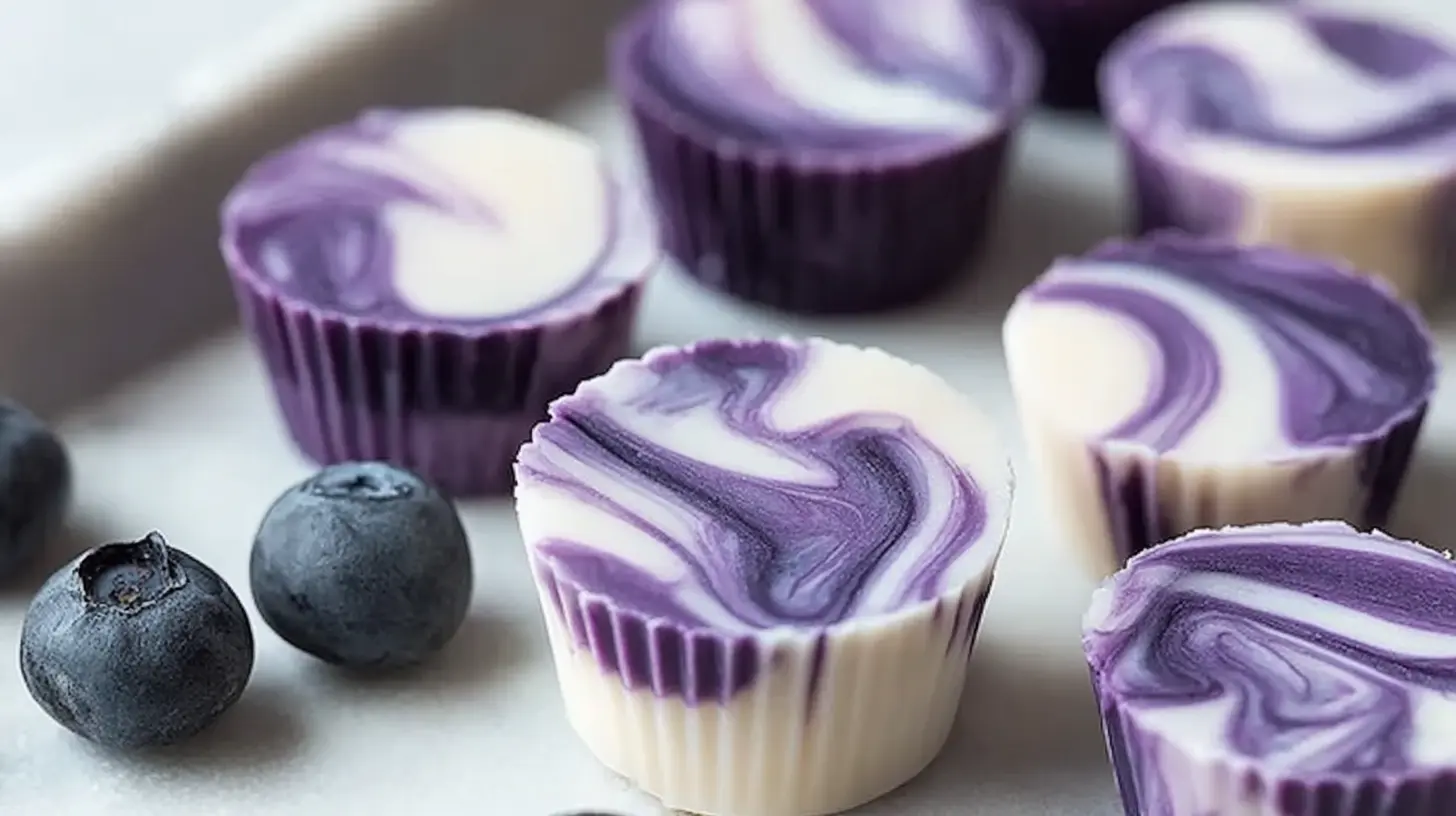Variety of blueberry swirl yogurt bites with visible fruit pieces
