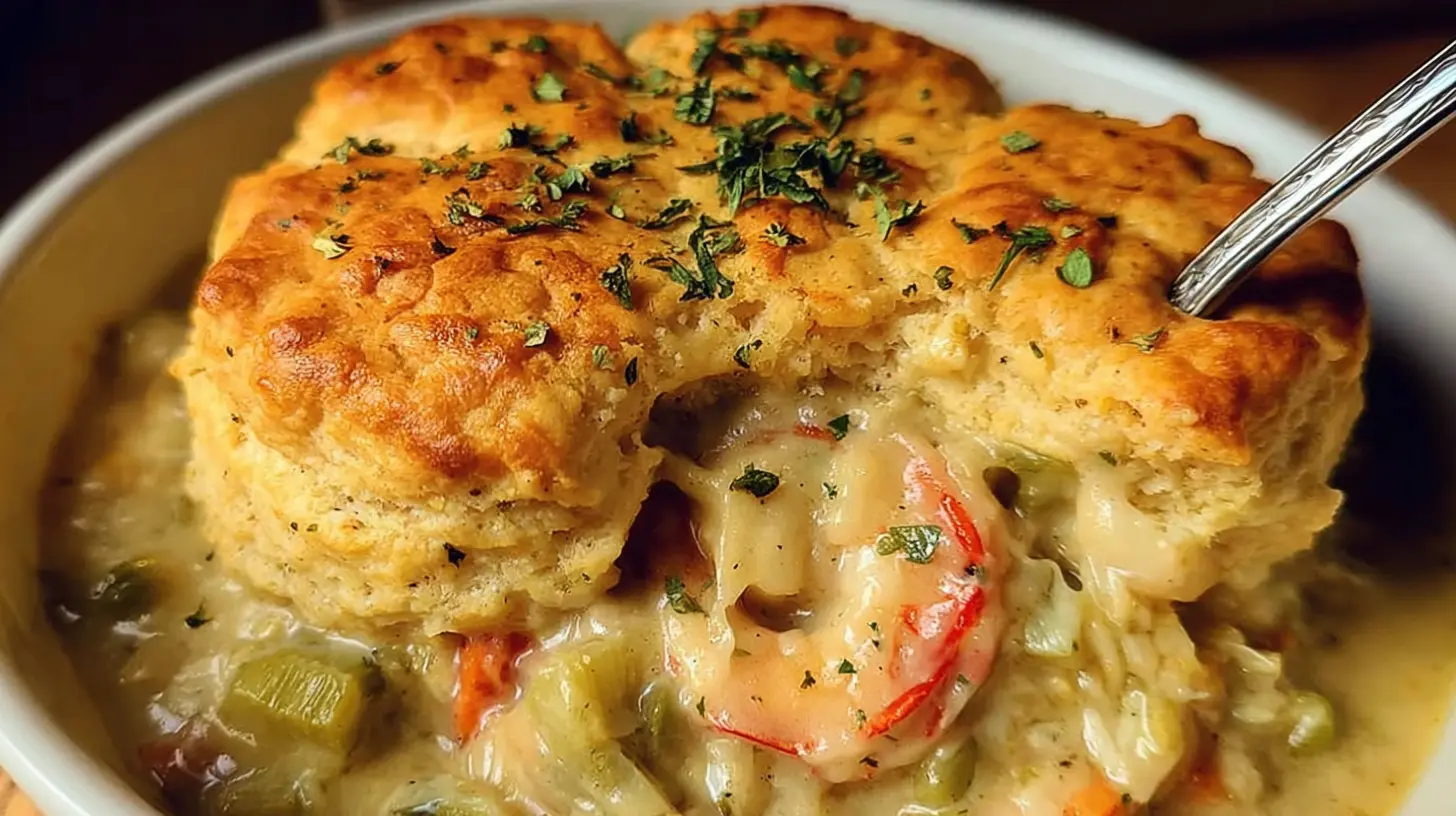 Close-up of a golden-brown Cheddar Bay Biscuit crust over a seafood pot pie