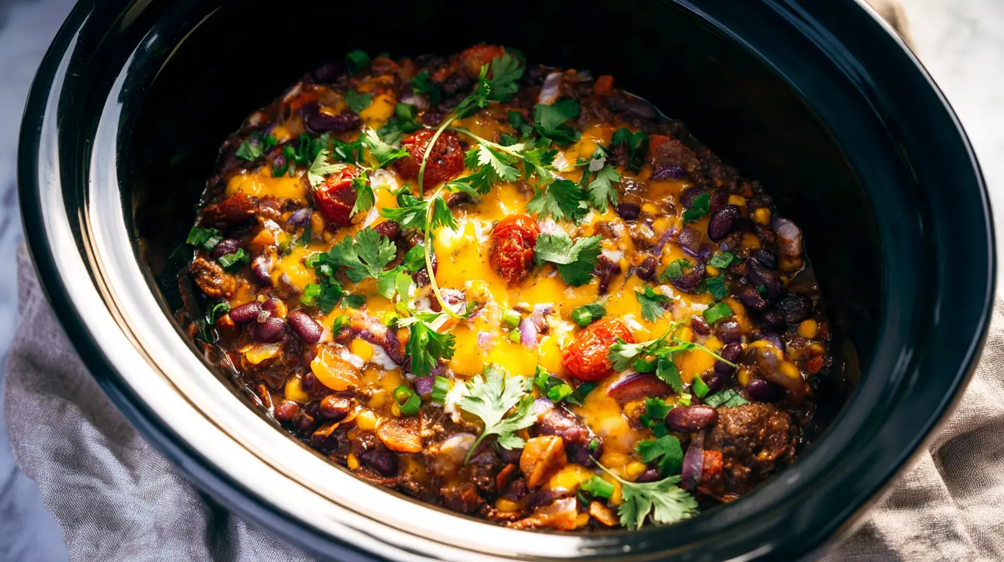 Hearty cowboy casserole simmering in a slow cooker, ready to serve