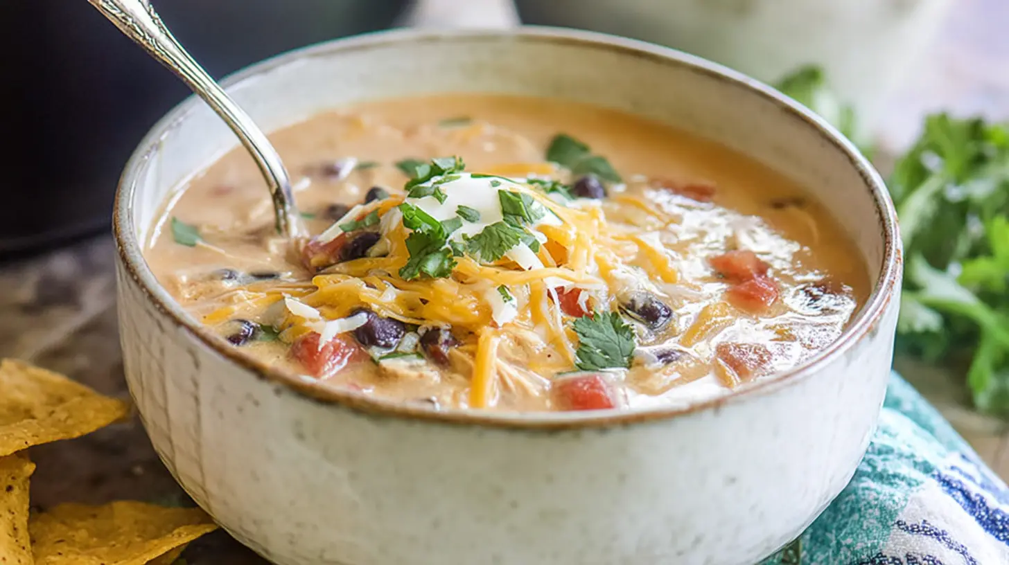 Rich creamy chicken tortilla soup in a ceramic bowl, ready to be served.