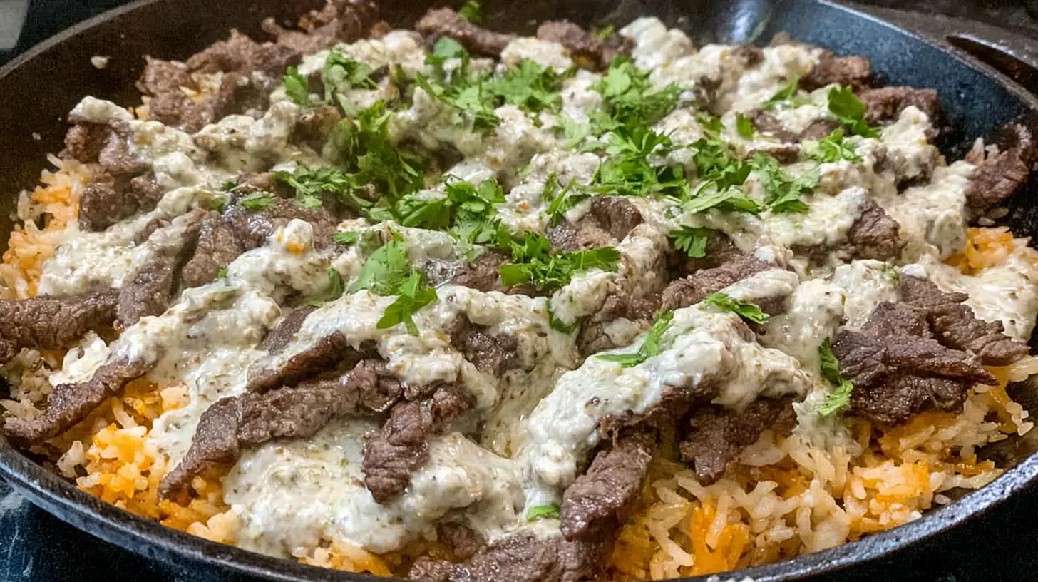 Hearty Steak and Cheese Rice, served hot in a ceramic bowl.