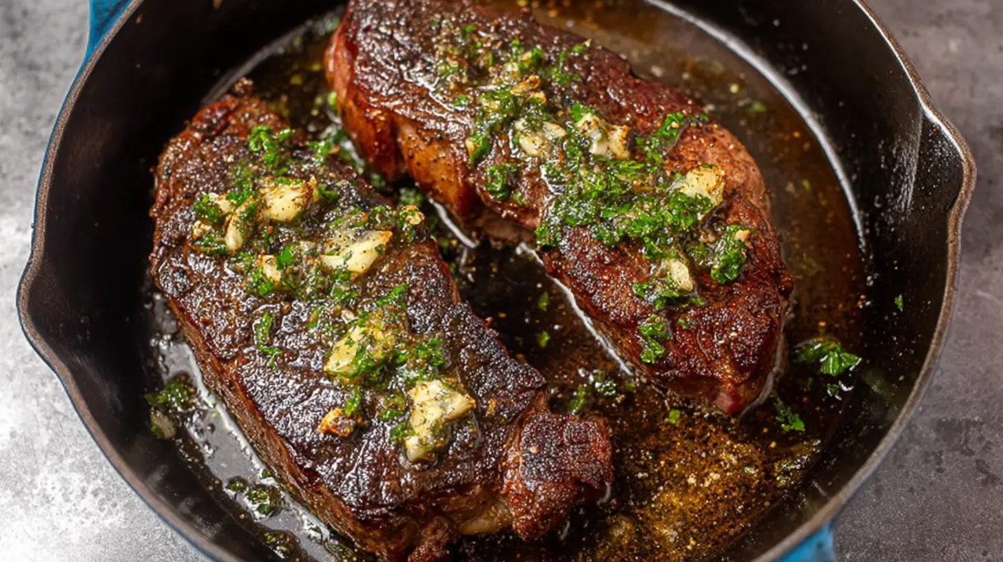 Succulent pan seared steak topped with rich garlic butter.