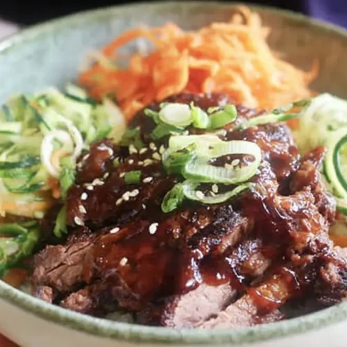 A full shot of delicious Korean BBQ steak rice bowls, beautifully arranged