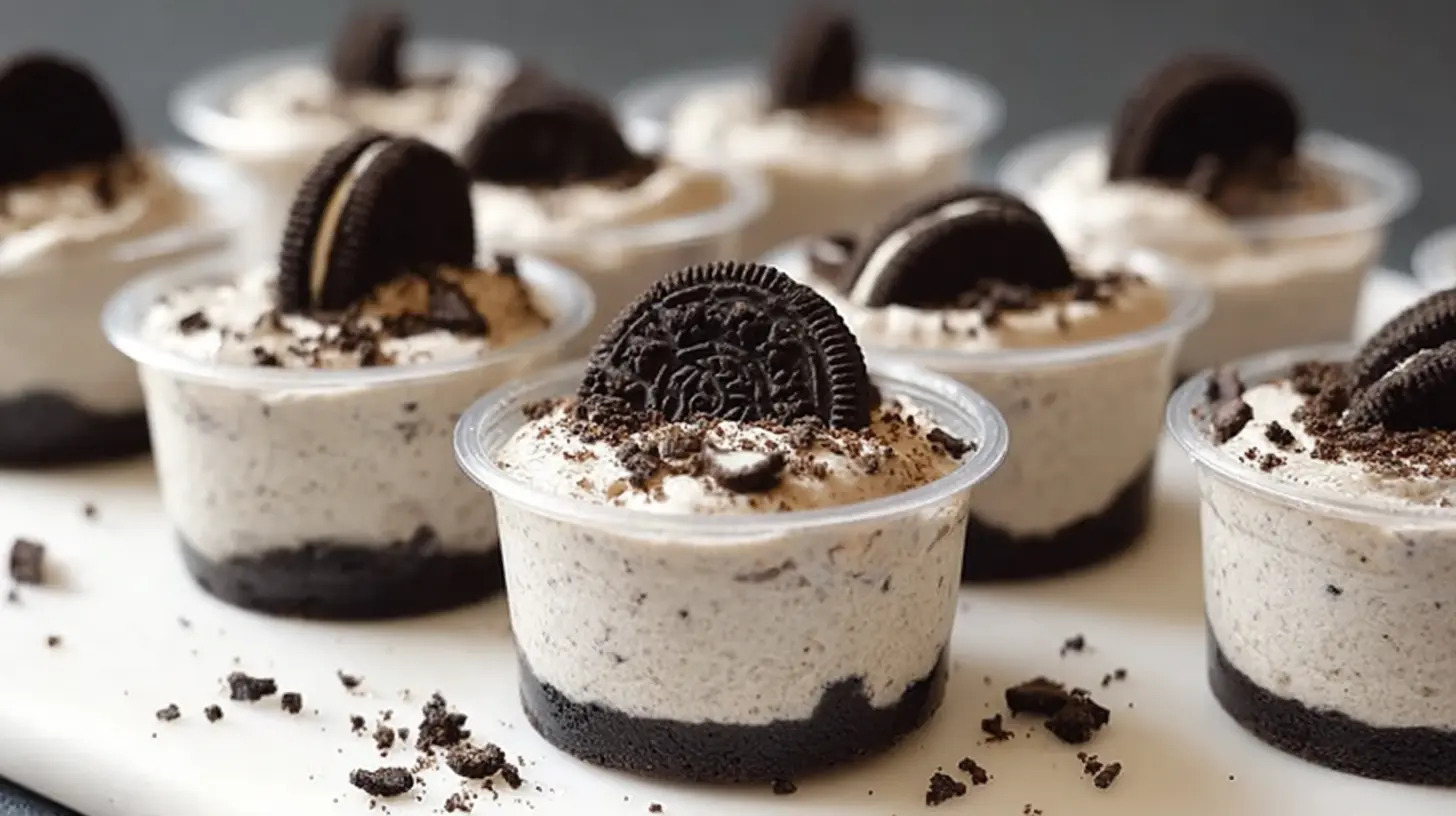 A close-up of delicious Cookies and Cream Dessert Cups, showing distinct layers.