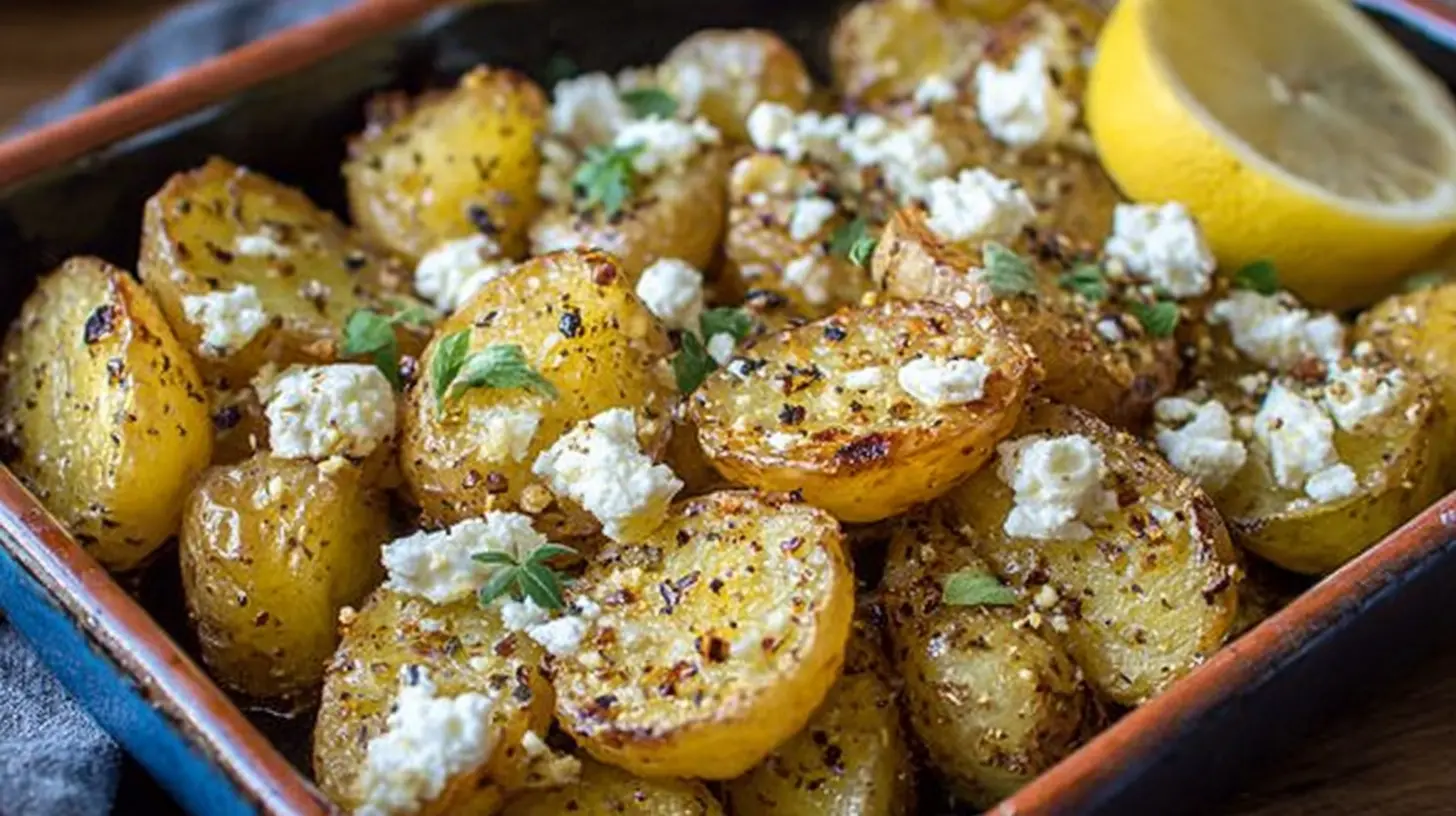 Golden Greek roast potatoes seasoned with lemon and fresh feta