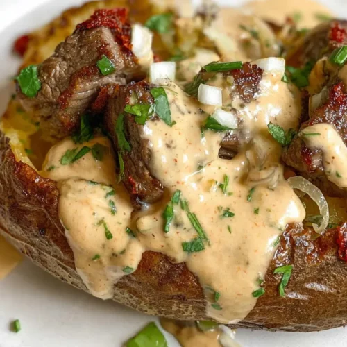 A loaded baked potato topped with tender steak bites and various toppings.