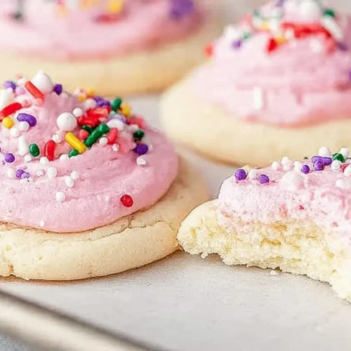 A plate stacked with soft Lofthouse sugar cookies, frosted and colorful.