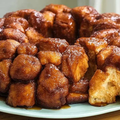 A freshly baked Monkey Bread in a bundt pan, golden brown and glistening