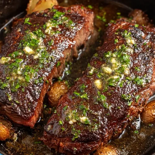 A perfectly pan seared steak glistening with melted garlic butter.