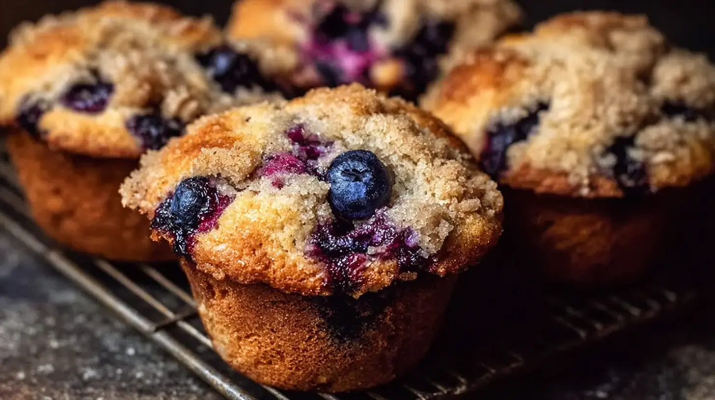 Several freshly baked bakery style blueberry muffins on a cooling rack