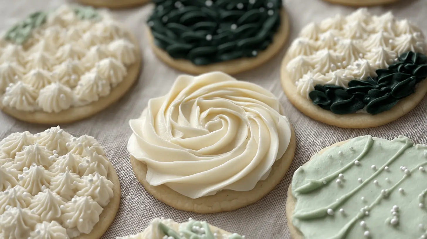 Soft buttercream frosting for sugar cookies spread evenly on a cookie