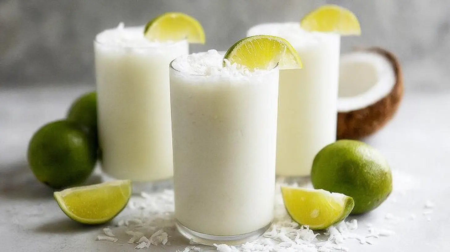A cool, tropical Colombian coconut limeade in a clear glass.