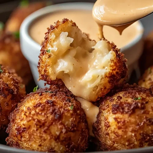 Platter of Reuben Balls with a side of spicy Thousand Island dipping sauce, ready to serve.