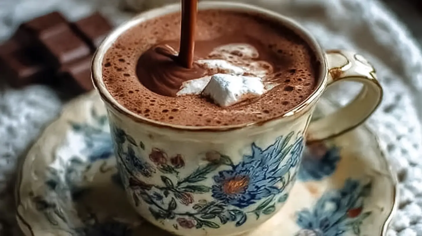 Rich, dark homemade French hot chocolate in a classic ceramic cup