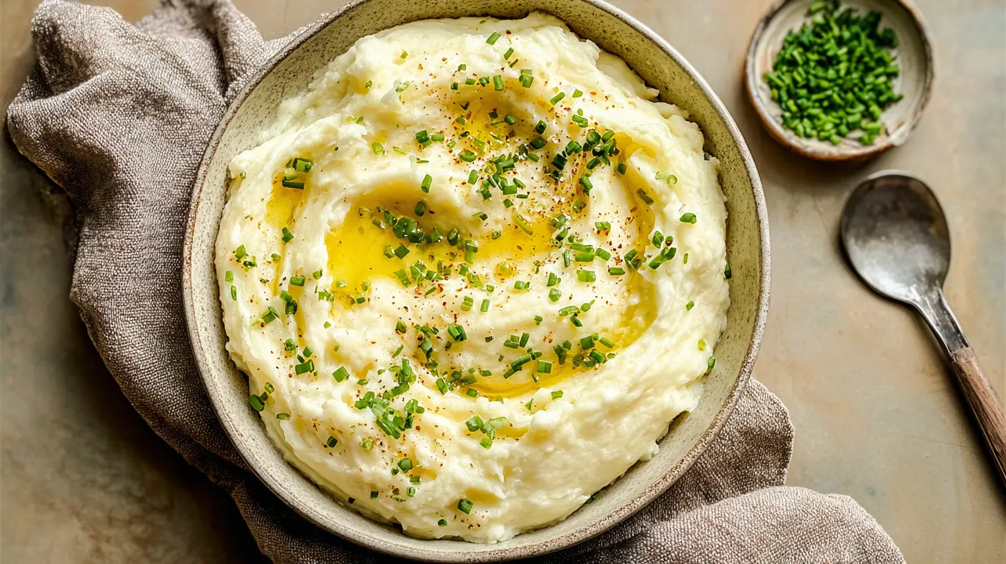 Close-up of rich, fluffy creamy mashed potatoes in a white serving dish