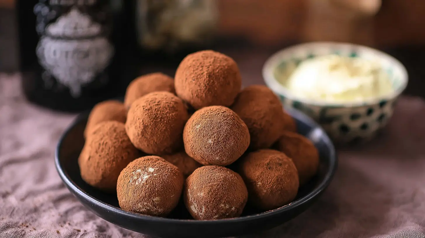 Small round Tiramisu Truffles neatly arranged, showing their delicate texture and dusting.