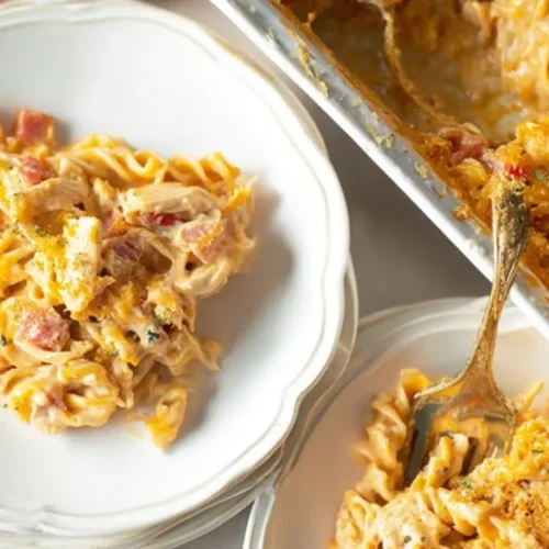 A serving of Rotel chicken pasta cheese with melted cheddar
