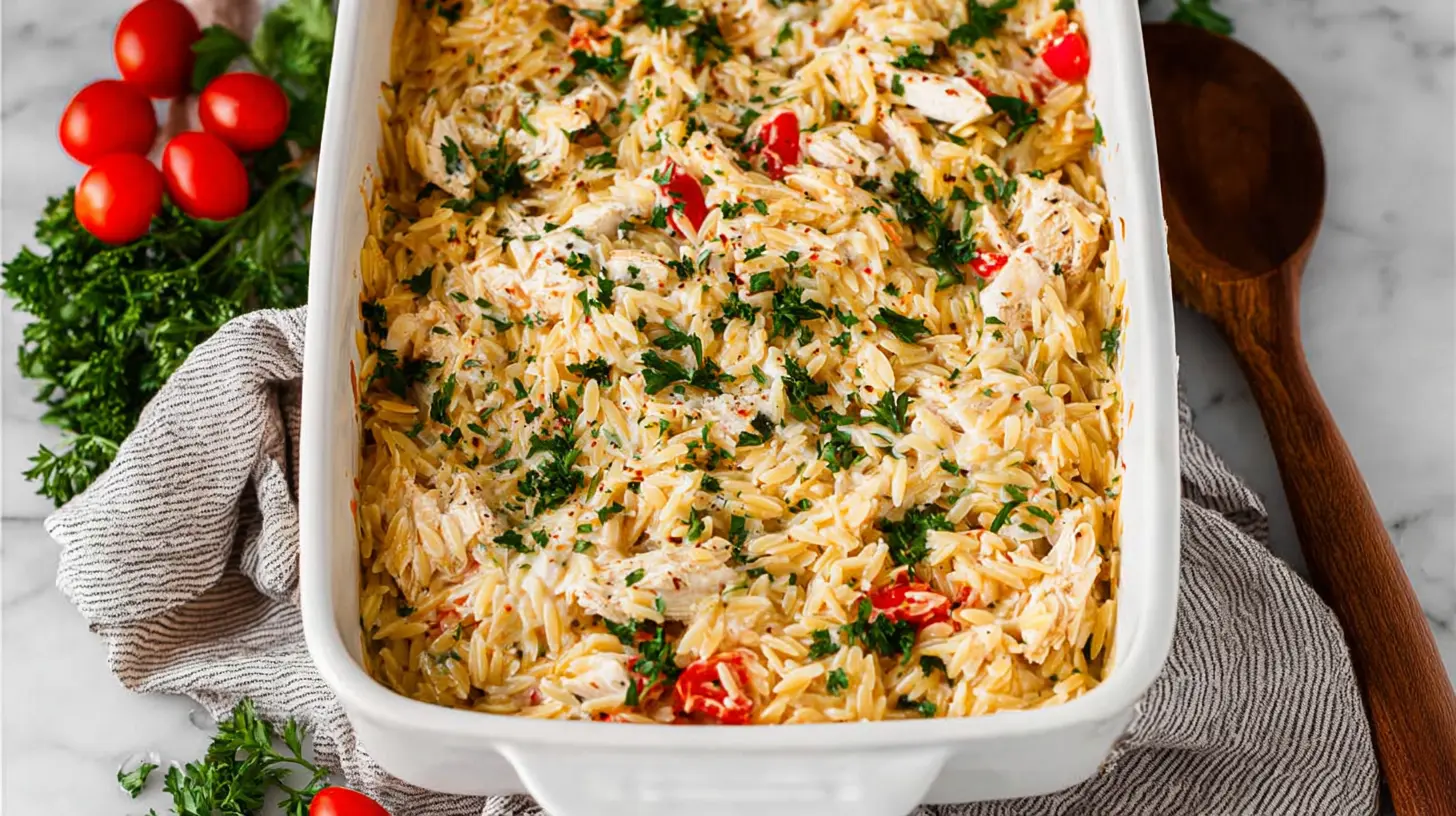 Close-up of a golden-brown French Onion Chicken Orzo Casserole garnished with fresh herbs.
