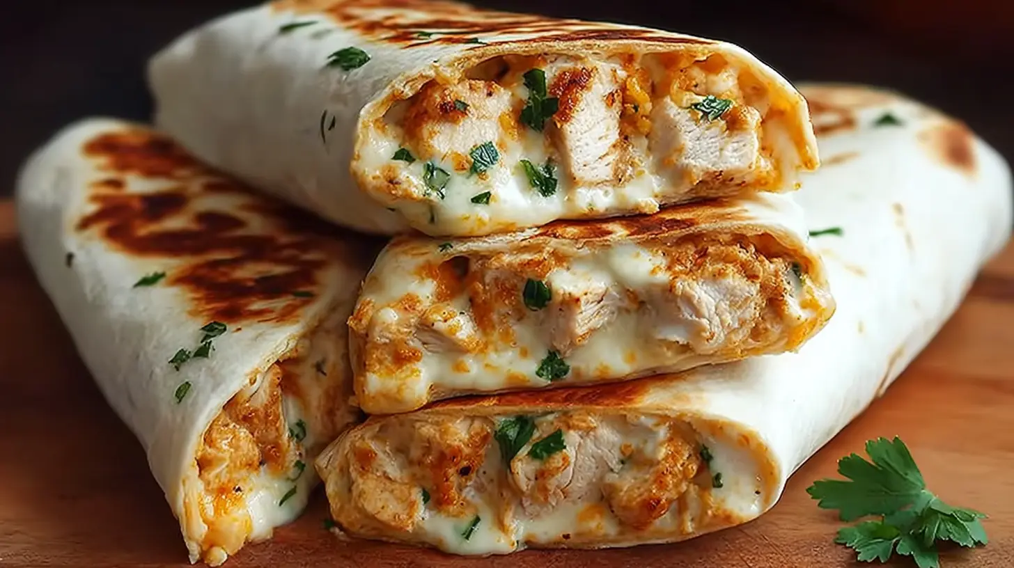 Several warm cheesy chicken garlic wraps arranged on a plate.