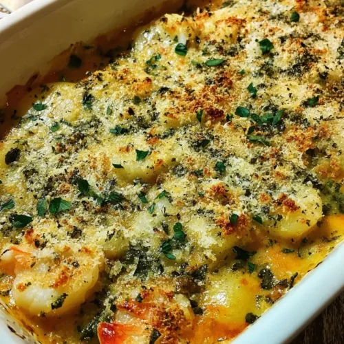 A bubbling hot seafood gratin, freshly baked and golden brown.