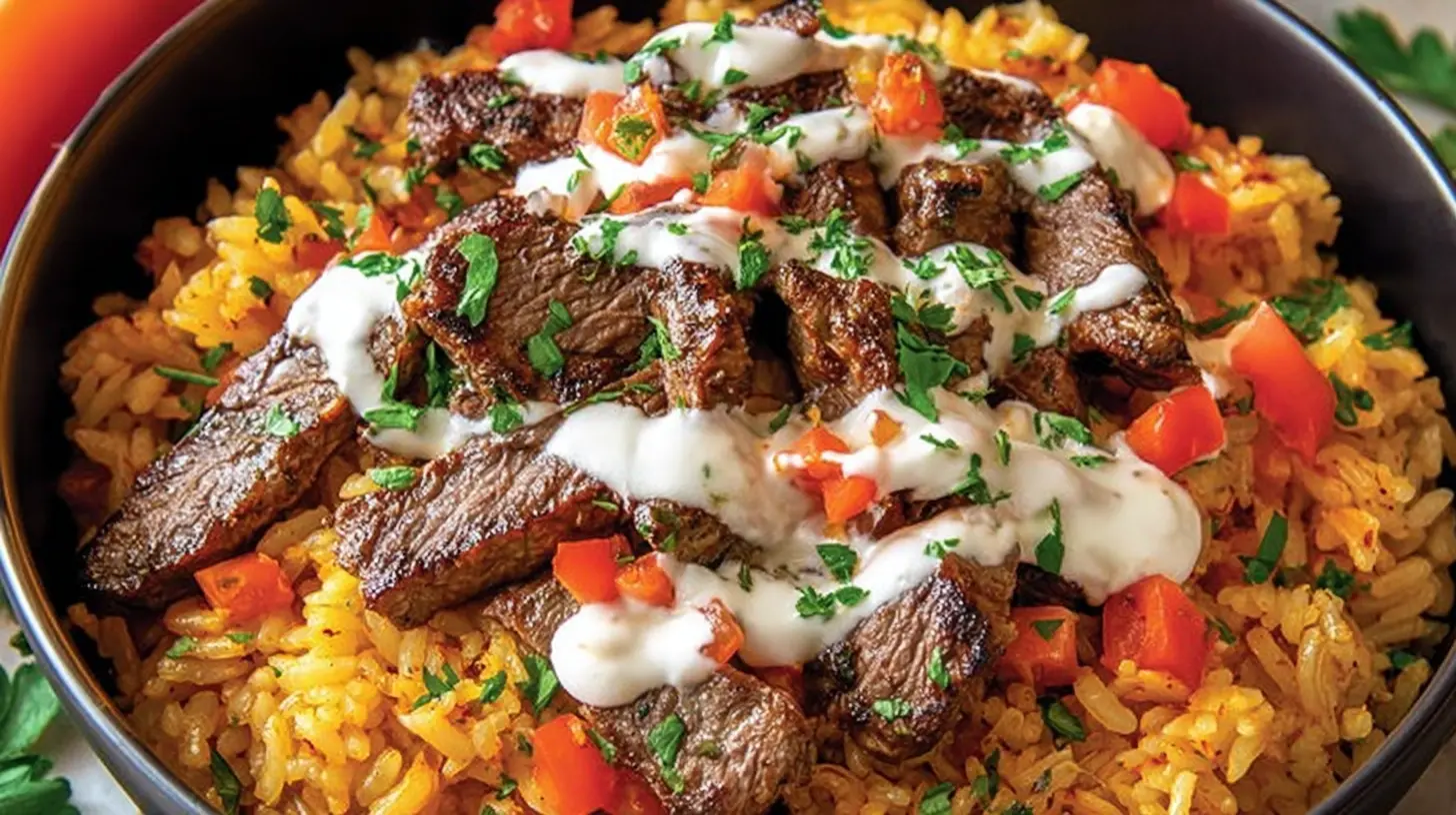 Close-up of Steak Queso Rice, showing the textures of steak, queso, and seasoned rice