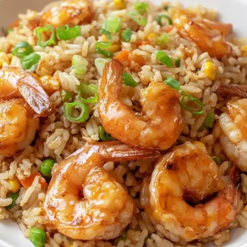 A vibrant bowl of shrimp and rice, garnished with fresh herbs.