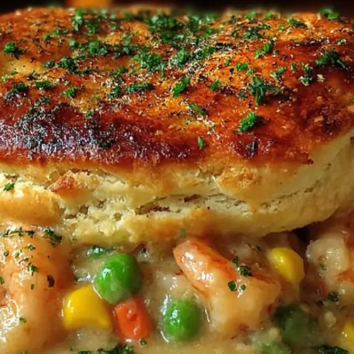 A steaming Shrimp & Lobster Cheddar Bay Biscuit Pot Pie, rich with seafood and a golden biscuit topping.