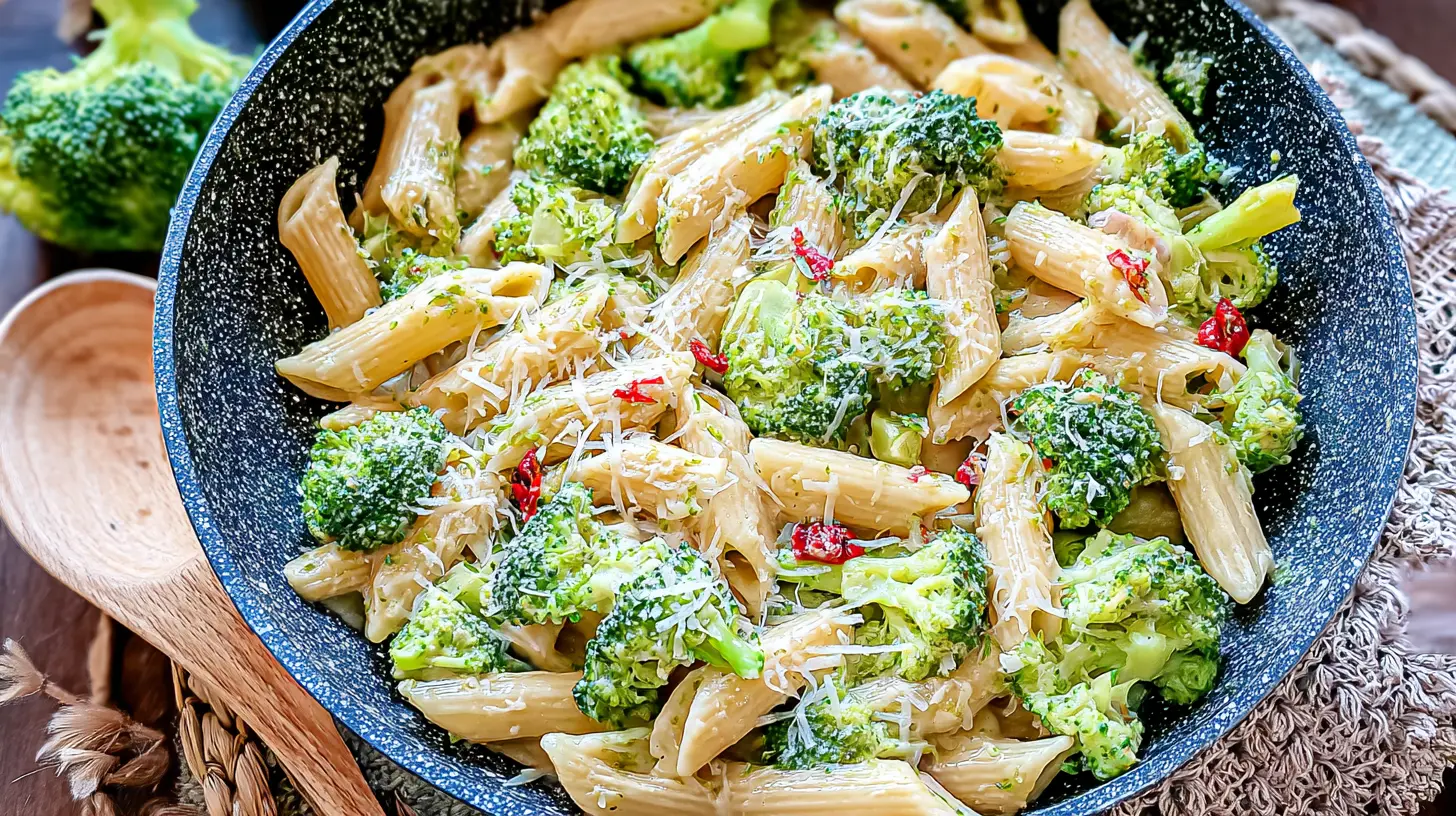 Healthy broccoli pasta, freshly made and ready to serve.