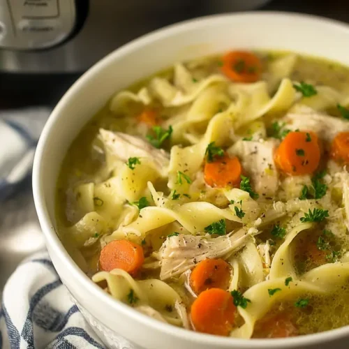 A steaming bowl of slow cooker chicken noodle soup garnished with fresh herbs