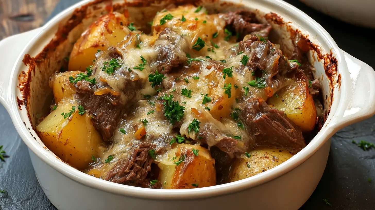 Delicious slow-cooked loaded steak and potato bake in a stoneware pot.
