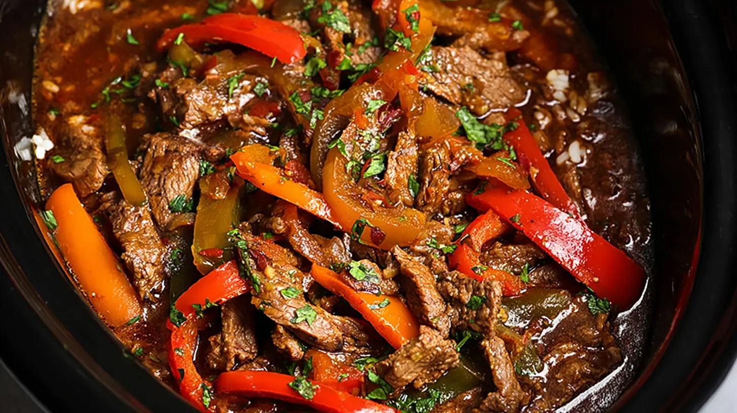 Close-up of slow cooker pepper steak, featuring rich sauce and vibrant peppers