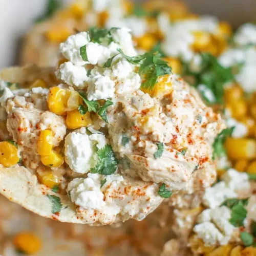 A close-up of slow cooker street corn chicken, garnished with fresh cilantro and cotija cheese.