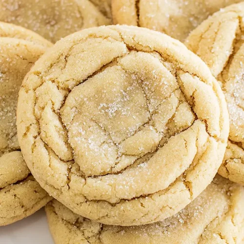 A plate of soft and chewy sugar cookies, sprinkled with sugar.