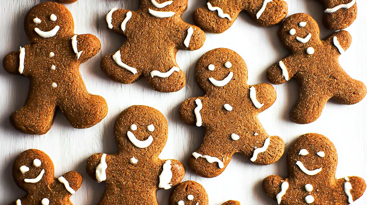 Close-up of several chewy gingerbread man cookies, showing their soft texture and festive icing.