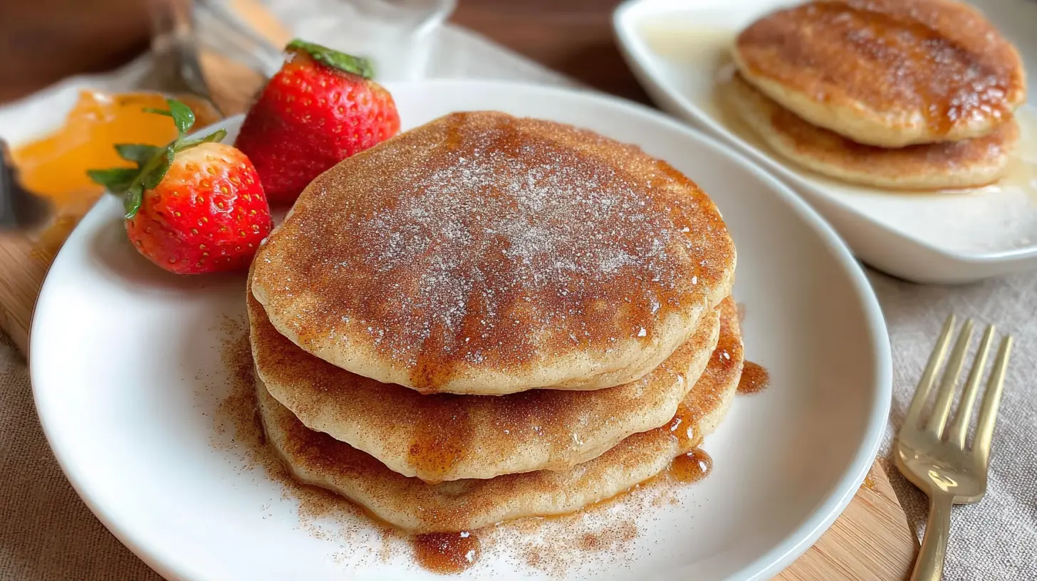 Golden-brown churro pancakes topped with cinnamon sugar and whipped cream