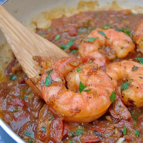 Plate of spicy voodoo shrimp with vibrant sauce and herbs